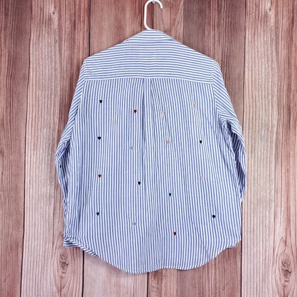 Rails Taylor Blue White Striped Shirt Womens Medium Rainbow Embroidered Hearts - Picture 7 of 15